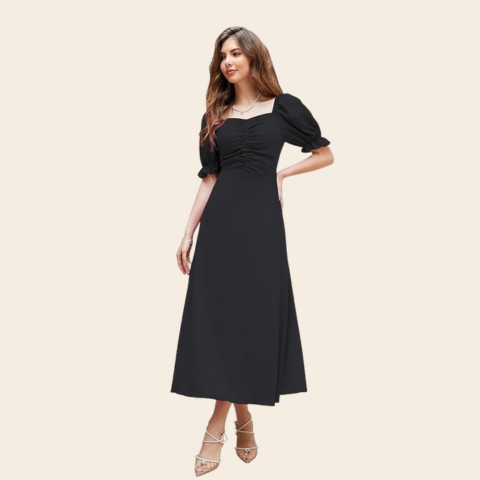 Women's Solid A-Line Ruched Puff Sleeve Maxi Long Evening One Piece